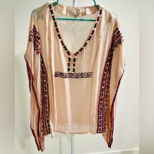 Embroidered V-Neck Blouse in Cream and Black